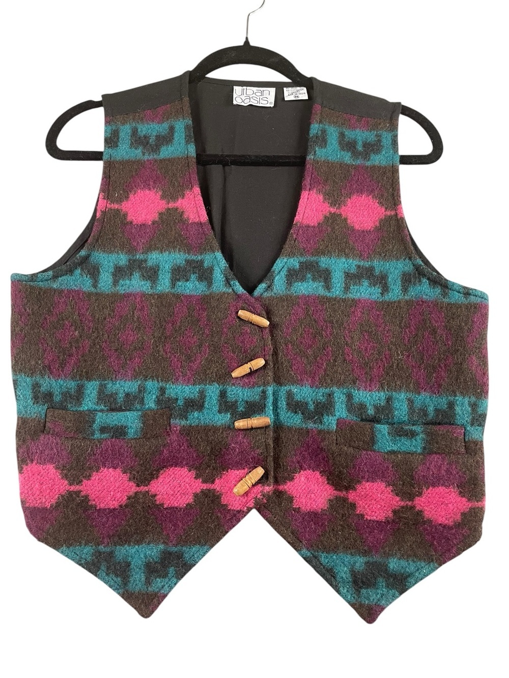 Vtg Urban Oasis Vibrant Southwest Aztec Wool Blend Rodeo Toggle Button Vest - M
